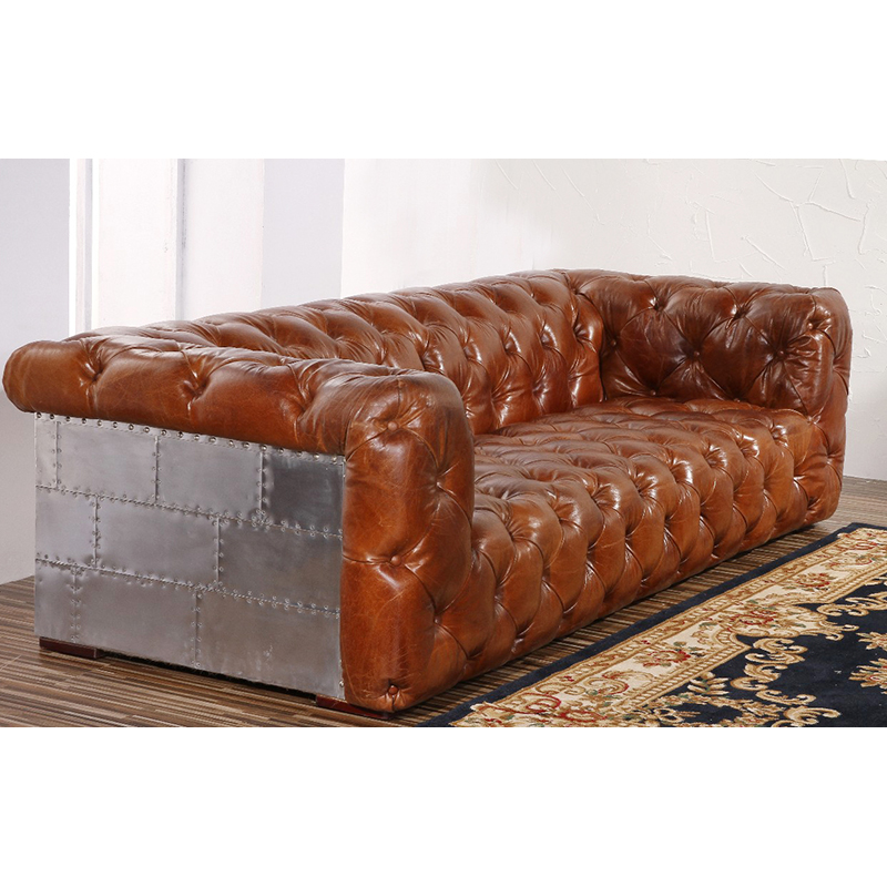 Muebles antiguos Aviator Bar Industrial Chesterfield Sofá Sala de estar Sofá vintage de cuero genuino marrón