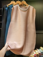 Jupe midi plissée sans manches coupe droite pour femme, style bureau, coupe ample, effet amincissant, ornée de diamants, légèrement luxueuse, idéale pour l'été