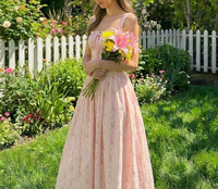 Robe Corset Vintage Florale pour Femme, Robe d'Été Mi-Longue Coupe Trapèze, Col Carré, Bretelles Froncées, Jupe Plissée, Vente en Gros Fabricant