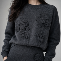 Pull en laine 100% de luxe pour femme, style streetwear, broderie florale 3D faite à la main, col rond épais, manches longues, hiver