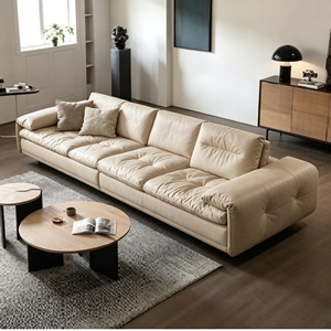 Sofá Moderno de Tres Plazas en Cuero Genuino Beige con Diseño Acolchado y Brazos Acolchados para Sala de Estar - Product Image 5