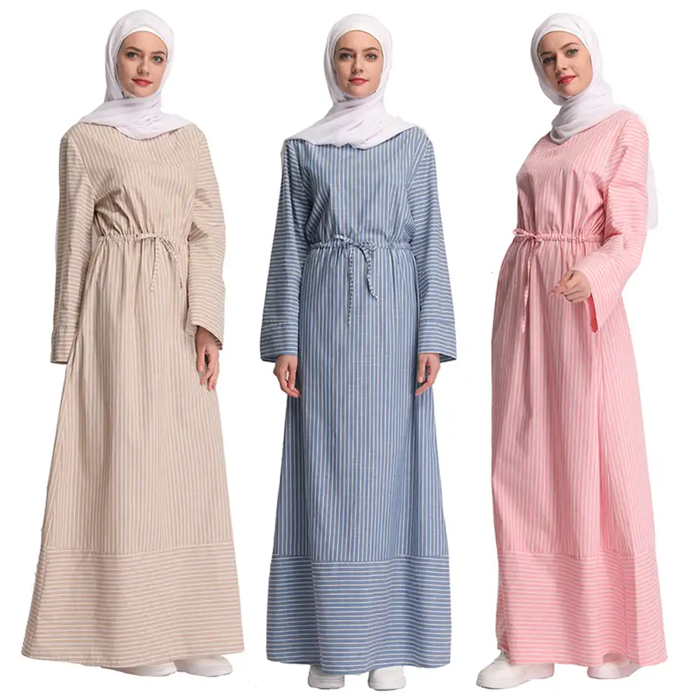 Abaya müslüman kıyafetleri çizgili uzun orta doğu elbise ramazan kıyafeti giyim mütevazı resmi türkiye islami elbise Khimar Jilbabs