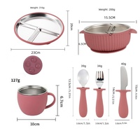 Ensemble de repas pour enfants en silicone et acier inoxydable 304, comprenant une fourchette, une cuillère, une paille, une tasse à bec, un bol à double oreilles et une assiette à ventouse pour bébé