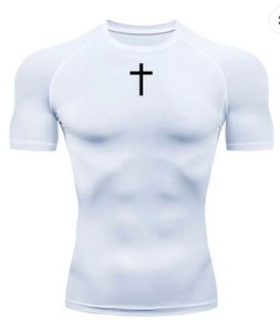 <span class=keywords><strong>T</strong></span>-shirts de compression à manches courtes pour hommes, tissu respirant à séchage rapide, avec un motif croisé classique - Product Image 4