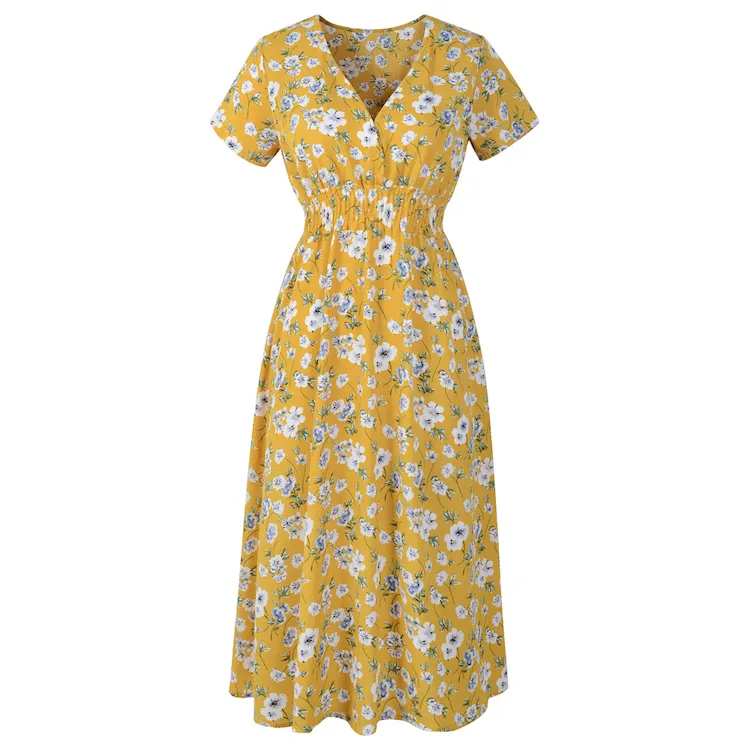 Dropshipping Short Sleeve Soft Chiffon Elastic Waist Band Yellow Floral Bohemian Long Maxi Dresses