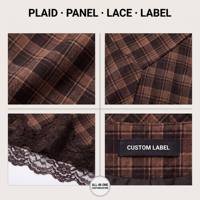 Jupe longue asymétrique à carreaux marron et noir avec empiècements en dentelle pour femme, fabricant de vêtements sur mesure OEM ODM, vente en gros