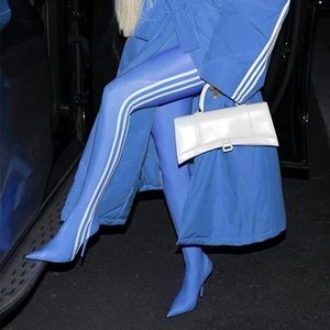 Skintight Stretch Wide Leg Fit Women's <b>Pants</b> <b>Boots</b> Thigh High Custom Long Booties 3 White Stripes Stiletto Heels Shoes - Product Image 5