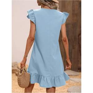 Robe décontractée d'été personnalisée pour femme, col en V, manches courtes, ourlet à volants, coupe trapèze, en tissu tissé respirant, taille élastique, pour usage quotidien - Product Image 4