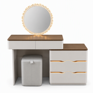 Moderno Set de Tocador de Maquillaje de MDF con Espejo Redondo Iluminado, Escritorio Extensible, Cajonera Móvil y Taburete para Dormitorio - Product Image 1