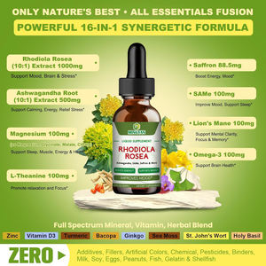 리포솜 로디올라 로제아 & 아쉬와간다 리퀴드 보충제, 사프란 &, 16-in-1 스트레스 완화, 성인용 에너지 및 기분 지원 - Product Image 2