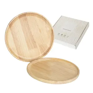 इको-लक्ज़री राउंड सॉलिड वुड डिनर प्लेट डिश 2 पीस/सेट कैम्पिंग अवसरों के लिए क्लासिक शैली के साथ आधुनिक डिजाइन में उपहार बॉक्स शामिल है