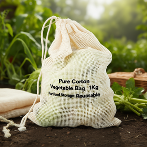 Sacchetto per verdure in puro cotone da 1 kg per la conservazione degli alimenti, sacchetto riutilizzabile con coulisse in rete - Product Image 3