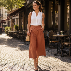 <span class=keywords><strong>Pantaloni</strong></span> Larghi da <span class=keywords><strong>Donna</strong></span> a Vita Alta in Lino <span class=keywords><strong>con</strong></span> Cintura Incrociata Origami, Culotte Corti, Pieghe Profonde, <span class=keywords><strong>Elastico</strong></span> Posteriore - Product Image 3