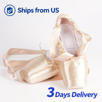 Dynadans US Stock Sepatu Pointe Balet Satin Profesional Buatan Tangan dengan Ujung Keras, Hak Datar, Lapisan Katun Emas/Hitam untuk Anak Perempuan, Dilengkapi Bantalan Jari Kaki