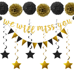 Oro y negro te extrañaremos banner colgante estrella foil remolinos papel pompones guirnalda para despedida Feliz jubilación <span class=keywords><strong>fiesta</strong></span> Decoración - Product Image 1