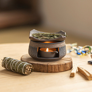 Diffusore di Fragranze Wabi-sabi per Candele Tea Light, Bruciatore in Ceramica Marrone e Nero per Aromaterapia e Palo <span class=keywords><strong>Santo</strong></span> - Product Image 1