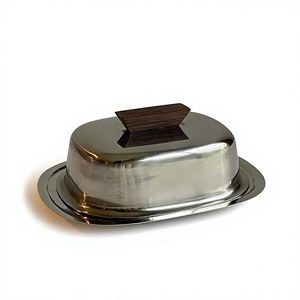 Plateau à beurre ovale en acier inoxydable avec couvercle à poignée en bois pour la cuisine, vaisselle de qualité alimentaire, élégant plateau à beurre, décoration de table - Product Image 1