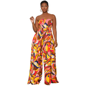 10261 femmes été taille haute pantalon décontracté imprimé dos nu bustier tubulaire coupe ample transfrontalière Europe amérique combinaisons combishorts - Product Image 1