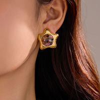 Nouvelle bague de luxe légère de style français pour femme, élégante, en acier inoxydable, avec étoile à cinq branches et pierre naturelle