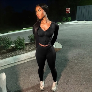 Nuovo Design sportivo 2 pezzi Casual Top a maniche lunghe con cappuccio ricamato e pantaloni Slim in tinta unita <span class=keywords><strong>da</strong></span> Yoga - Product Image 2