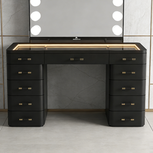 Table de toilette moderne de luxe, <span class=keywords><strong>commode</strong></span> noire brillante avec quincaillerie dorée et rangement éclairé par LED - Product Image 5