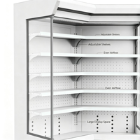 Réfrigérateur vertical d'angle à rideau d'air ouvert avec refroidissement direct, grande capacité personnalisée, pour la présentation de produits en supermarché