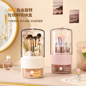 Rotatable <b>Makeup</b> Brush Holder With <b>Drawers</b> Desktop Cosmetic Organizer 360 Degree Rotation Storage Box Pink White - Product Image 1