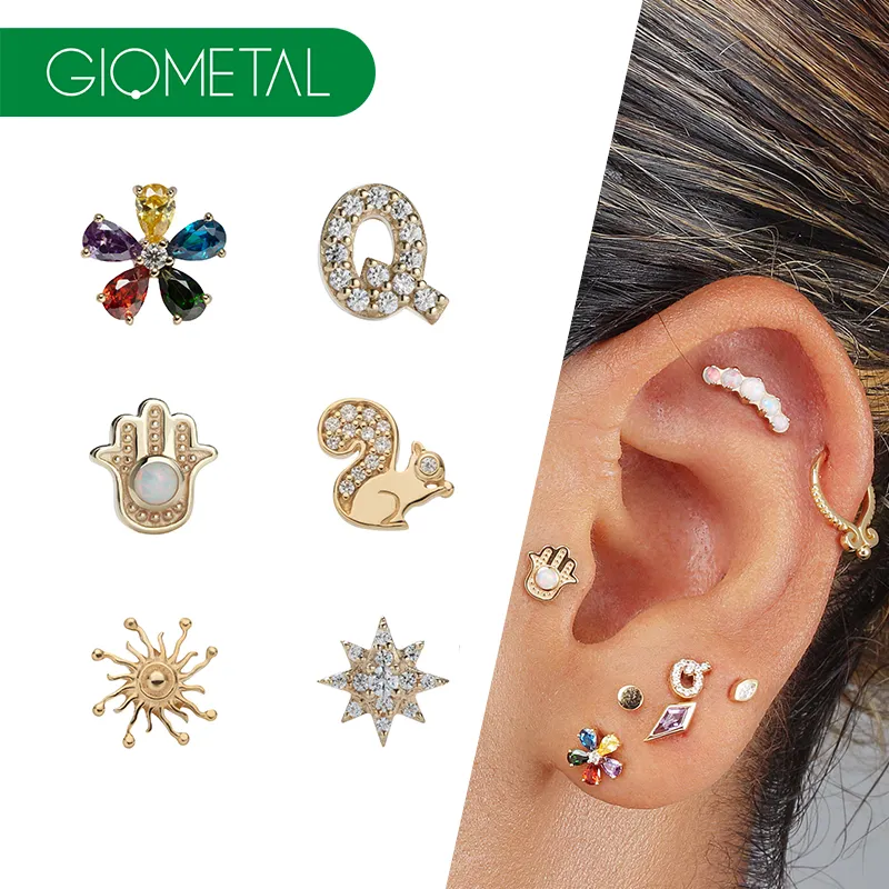 Giometal 14K Gold Threadless Piercing Venta al por mayor Threadless Tops Labret Tragus Helix Body Jewelry Ear Piercing