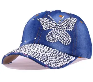 Girls Women Cotton Denim Bling Baseball Hats Caps with Butterfly Crown Rhinestones and Studs