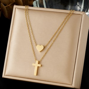 Heart <b>Cross</b> Stacked Pendant Clavicle <b>Chain</b> Gold Plated Stainless Steel Minimalist Fashion Necklace Daily Gift Jewelry - Product Image 1