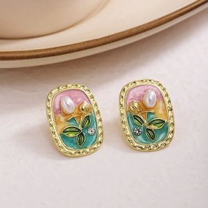Boucles d'oreilles clous en perles baroques roses, boucles d'oreilles peintes à l'huile, boucles d'oreilles rectangulaires irrégulières en perles d'eau douce naturelles, <span class=keywords><strong>bijoux</strong></span> pour femmes - Product Image 2