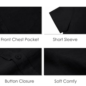 Chemise à manches courtes boutonnée pour homme, noire unie, décontractée, col rabattu, respirante, haut d'été - Product Image 6