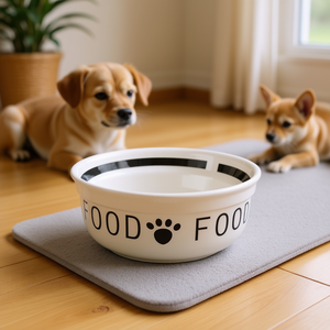 Tazón de cerámica para comida de mascotas de 0.25 L, blanco con diseño de huellas negras para perros y gatos - Product Image 3