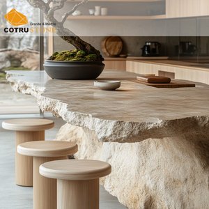 Meja Makan Modern Travertine Putih Beige Alami Bentuk Tidak Beraturan, Meja Konferensi 8 Kursi, Ukiran dan Patung Batu untuk Villa - Product Image 4