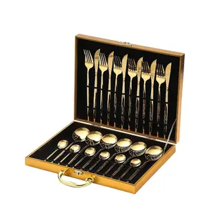 Edelstahl Besteck Messer, Gabel und Löffel 24-teiliges Set Gold Holzkiste Set