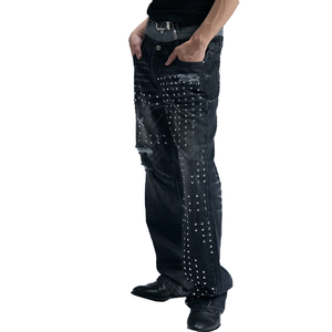 Wholesale Custom Double Waistband Ripped Denim Jeans Rhinestone <b>Rivet</b> Embellished Flare Jeans Distressed Vintage Denim Trousers - Product Image 1