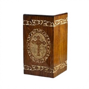 Brown Wooden Cremation Urn with Engraved Cross European Style Adult <b>Memorial</b> Storage <b>Box</b> Customizable Designs - Product Image 2