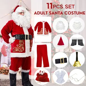 11 Uds. Disfraz de Navidad de Papá Noel, traje de padre de Navidad para fiesta de Cosplay, conjunto de lujo de terciopelo rojo, disfraz familiar