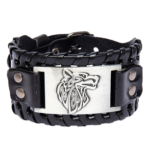 Punk <span class=keywords><strong>nordique</strong></span> <span class=keywords><strong>mythologie</strong></span> tissé large en cuir véritable Viking <span class=keywords><strong>Odin</strong></span> Totem Thor marteau Runes boussole manchette Bracelets hommes - Product Image 1