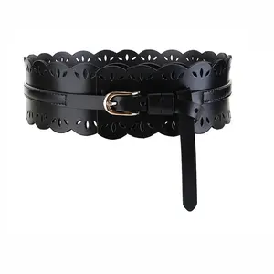 American designer latest design casual cowhide wide belt retro lace hollow two layer leather ladies belt