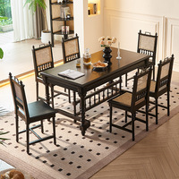 Ensemble de table à manger vintage en bois massif noir, table rectangulaire polie à la main avec chaises à dossier en rotin