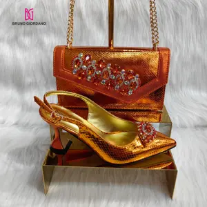 Sapatos de festa estilo italiano Bruno Giordano, sapatos e bolsas para mulheres, bico fino de cristal laranja, de alta qualidade, para festas e festas, estilo africano