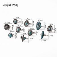 JZ039 Ensemble de bagues cactus turquoise occidental 7 pièces en gros | Bagues empilables vintage du sud-ouest Boho