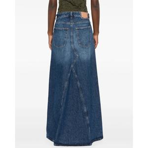 Jupes longues en jean délavé bleu décontractées sur mesure, taille haute, coupe trapèze, pour femmes - Product Image 5