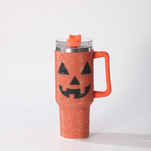 Custom Logo 40oz Bling <b>Drinking</b> Cup Travel Mug Insulated Water <b>Bottle</b> Halloween Pumpkin Rhinestone Tumbler <b>Straw</b> Stainless Steel - Product Image 1