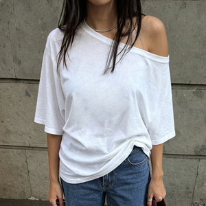 Street Hot Girl Basic Solid Color Off Shoulder Loose Fit Casual Short Sleeve Tee Summer Sheer Lightweight Flattering Top - Product Image 1