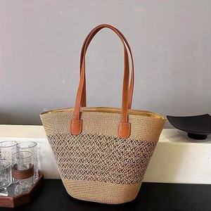 <span class=keywords><strong>Sac</strong></span> de plage en paille à rayures kaki pour femmes, mode en gros, avec bandoulière en cuir, sacs à main - Product Image 3