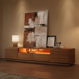 طاولة تلفزيون خشبية عصرية من AJUNION بتصميم مضلع، وحدة ترفيه لغرفة المعيشة، كونسول تلفزيون بلون الجوز من MDF مع إضاءة LED - Product Image 2