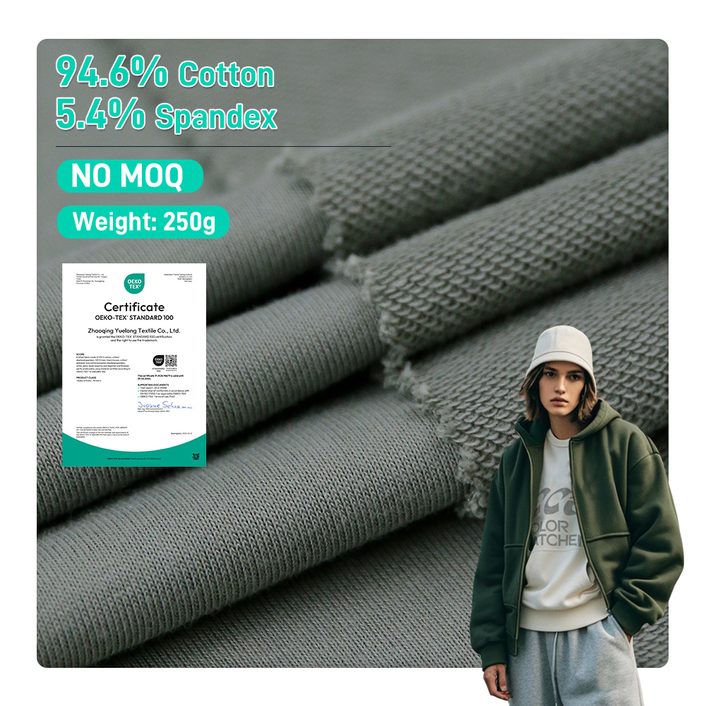 Jufeng Oeko Certified 250gsm Terry Knitted 95% Cotton 5% Spandex Stretch Lightweight Plain Dyed Spandex Fabric Girls Heavyweight