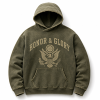 OEM ODM Logo personnalisé brodé, vert olive teint à la boue, bord brut vieilli, crête d'aigle militaire, Honneur Gloire, pour homme, zippé, coupe oversize